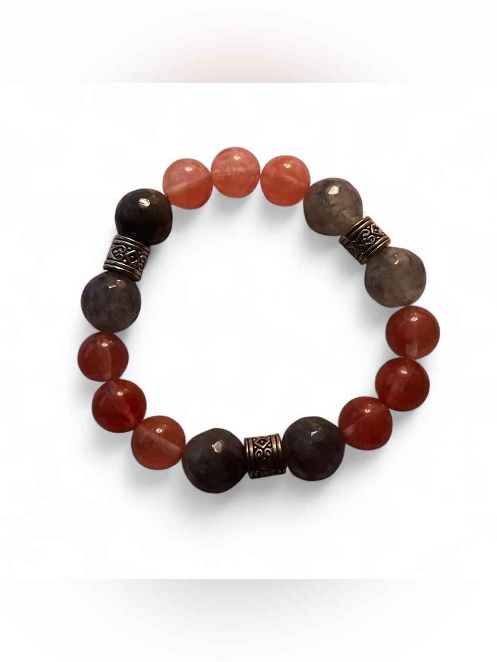 Handcrafted Stretch Bracelet in Red-Orange and Gray Beads
